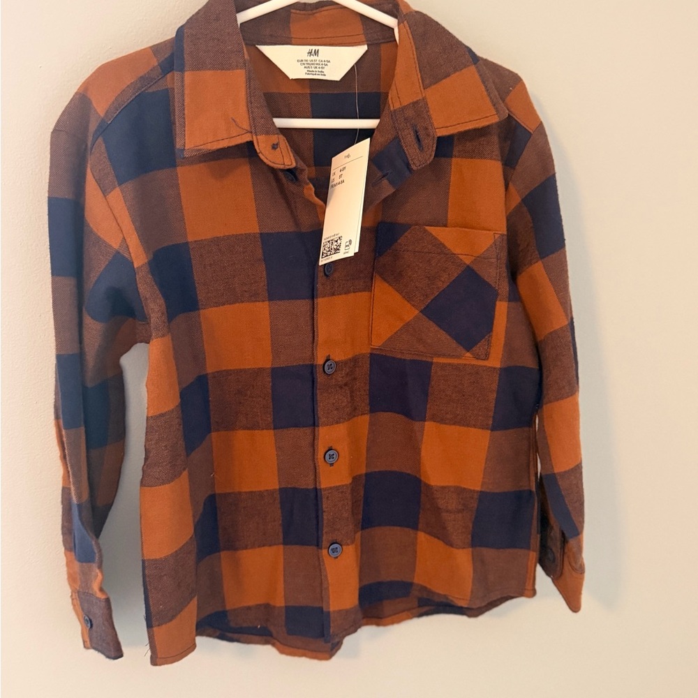 H&M Kids Orange and Navy Buffalo Plaid Button-Down Shirt